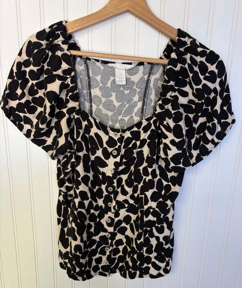 H&M Women's Animal Print Square Neck Puff Sleeve Button-Down Blouse